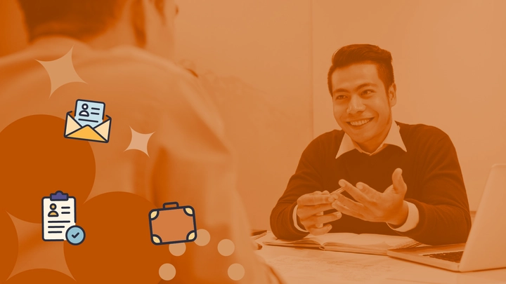 Two people sitting at a table conducting an IT interview with floating icons representing resumes and a briefcase