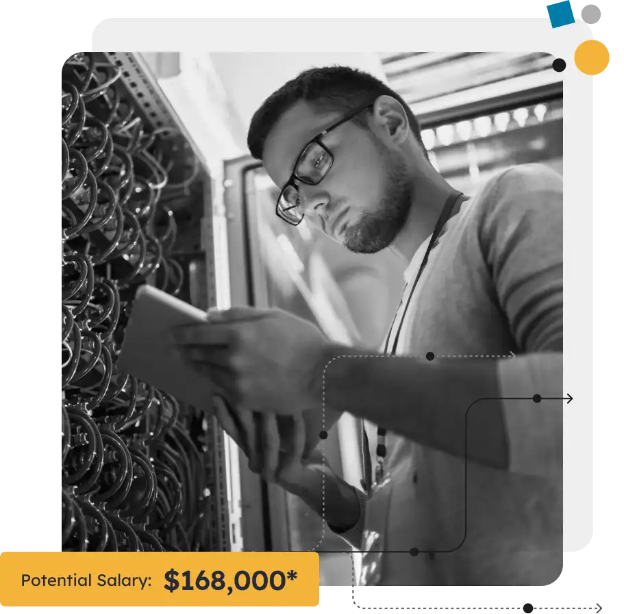man using tablet near server, potential salary $168,000