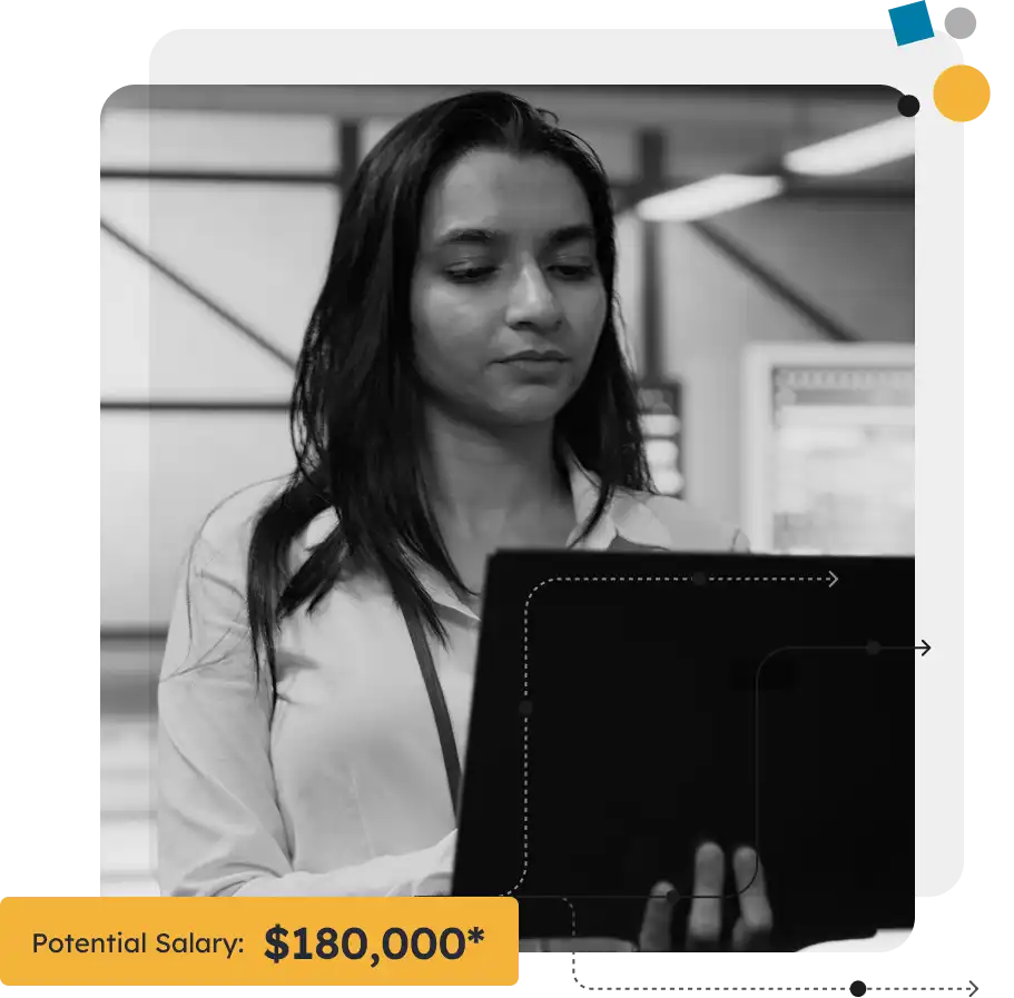woman using laptop, potential salary $180,000