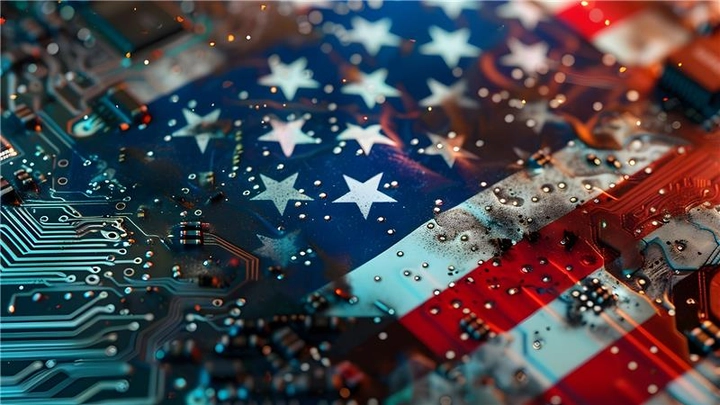 American flag with cyber optic pathways in foreground