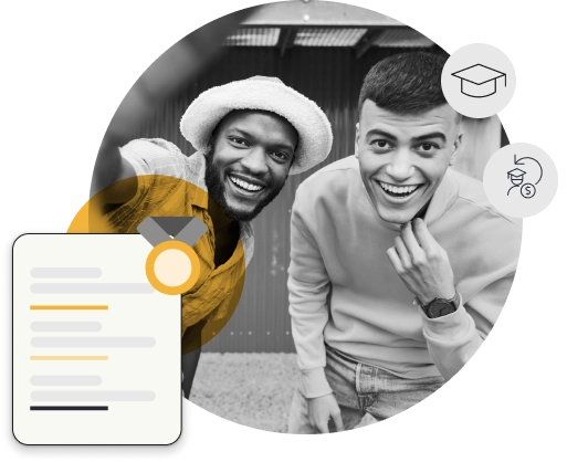 two happy people examining scholarship graphics