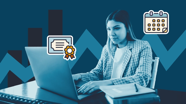 Student working on a laptop while preparing for IT certifications, with certificate and calendar icons representing certification timelines and training programs.