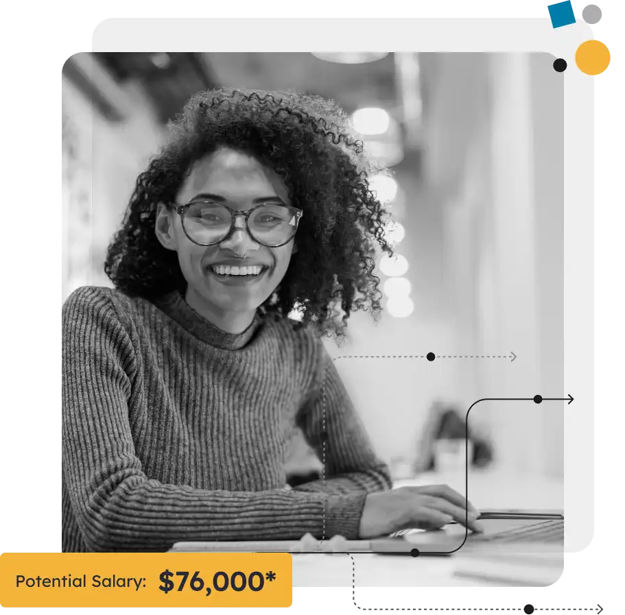 smiling woman using laptop, potential salary $76,000