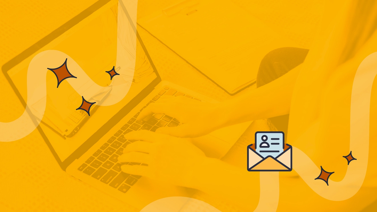 A person writing on a laptop, applying for a job with a graphic of a resume floating above