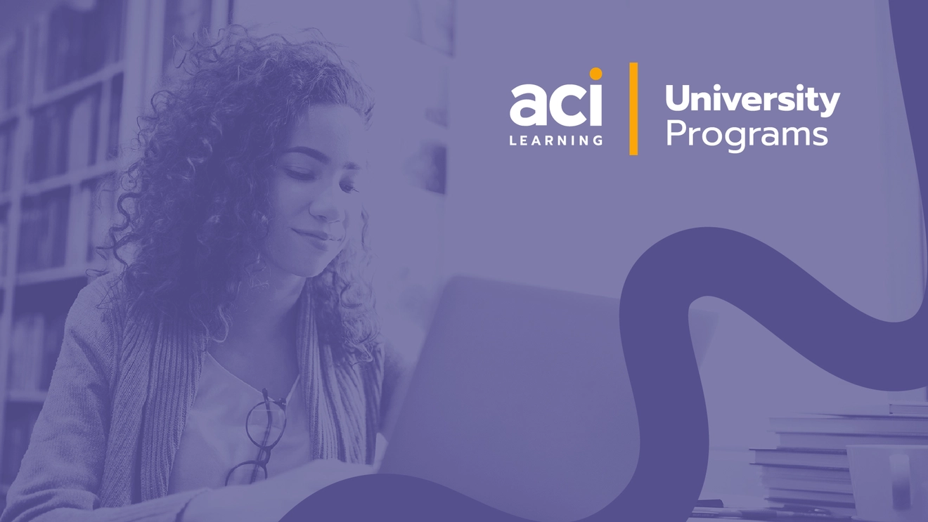 Student working on a laptop with ACI Learning University Programs branding, representing online university certificate programs and technology career training.
