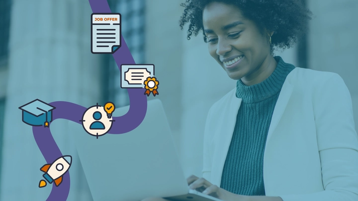 A woman typing on a laptop next to a graphic representation of an IT career roadmap