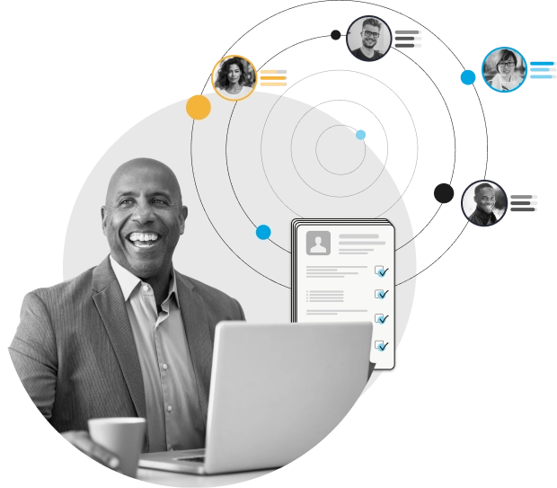 smiling man using computer withh orbit of business connections in background