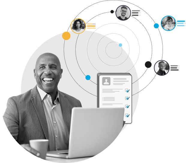 smiling man using computer withh orbit of business connections in background