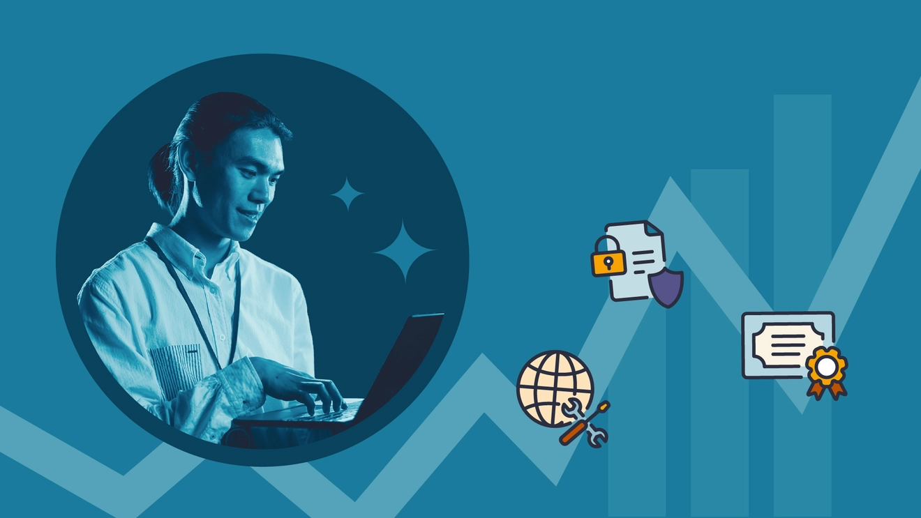 A graphic with a man typing on a laptop with floating icons of certificates 