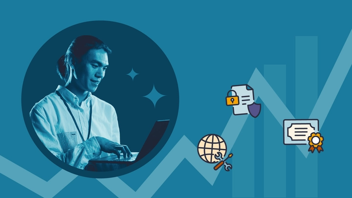 A graphic with a man typing on a laptop with floating icons of certificates 