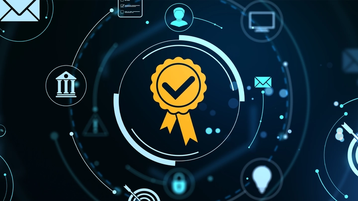 icons for cybersecurity with a ribbon and checkmark in middle