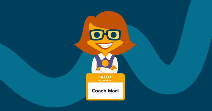 illustration of woman with red hair and glasses and name tag that says Meet Coach Maci AI Study Buddy