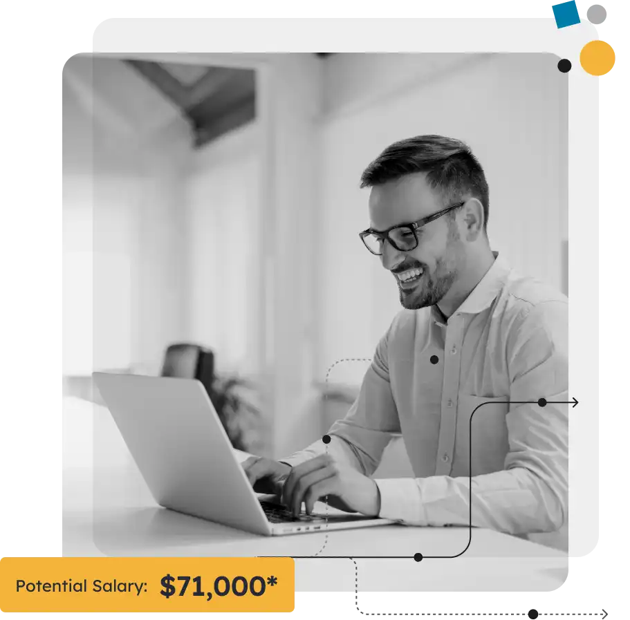 happy man using laptop in public space, potential salary $71,000