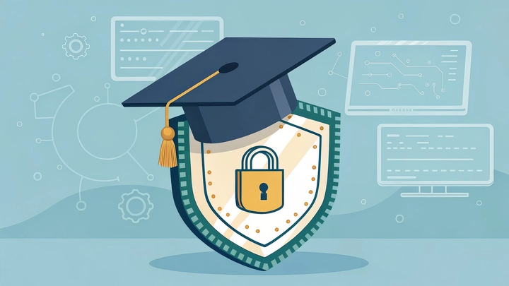 Cybersecurity badge illustration with a graduation cap