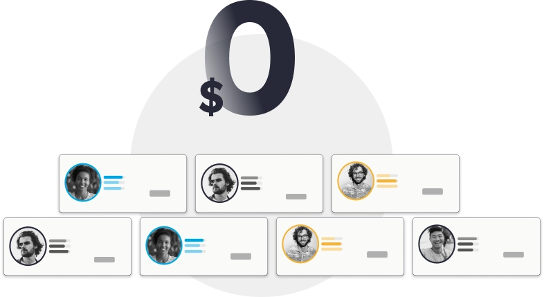 large zero with dollar sign above horizontal cards of job candidates graphic