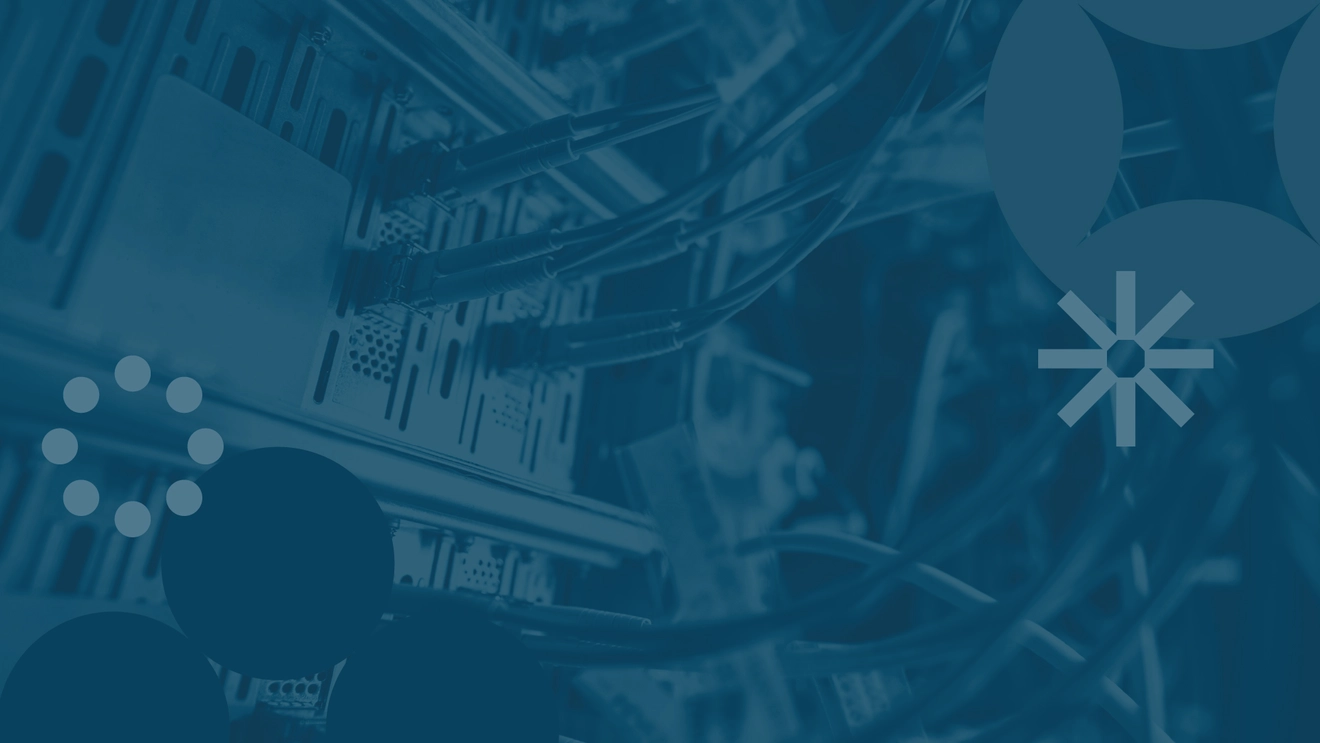 graphics overlayed on a photo of a networking equipment set up