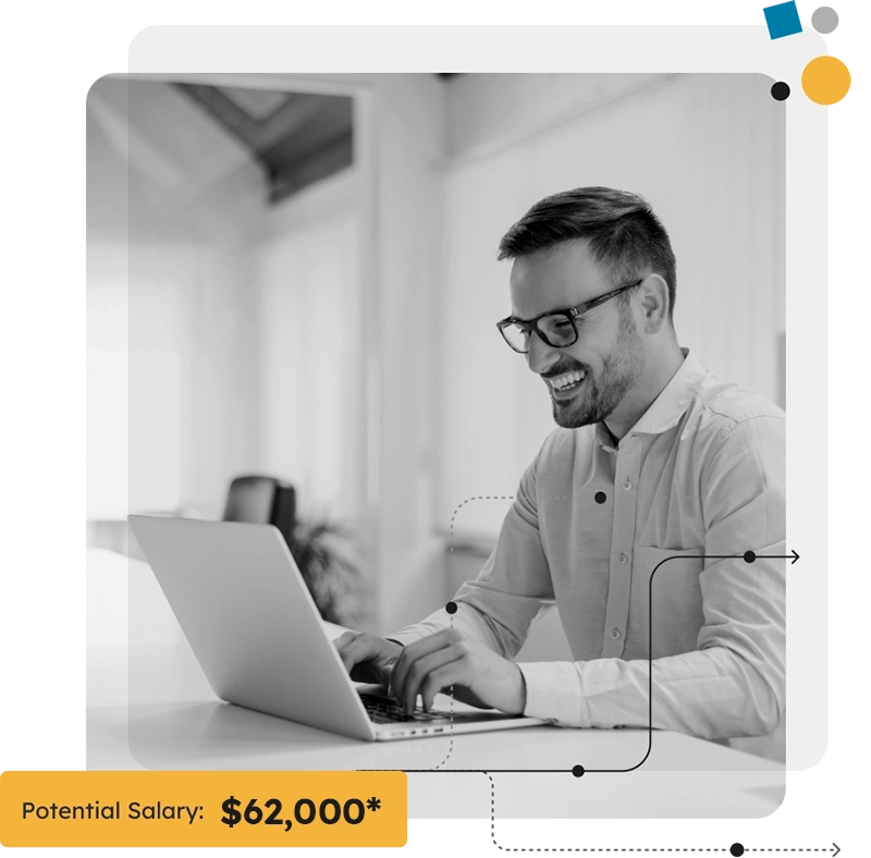 happy man using laptop in public space, potential salary $71,000