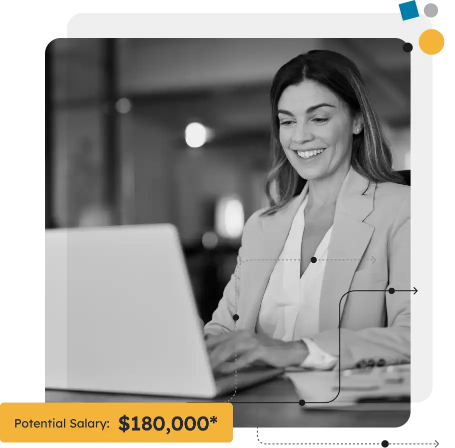 smiling woman using laptop, potential salary $180,000