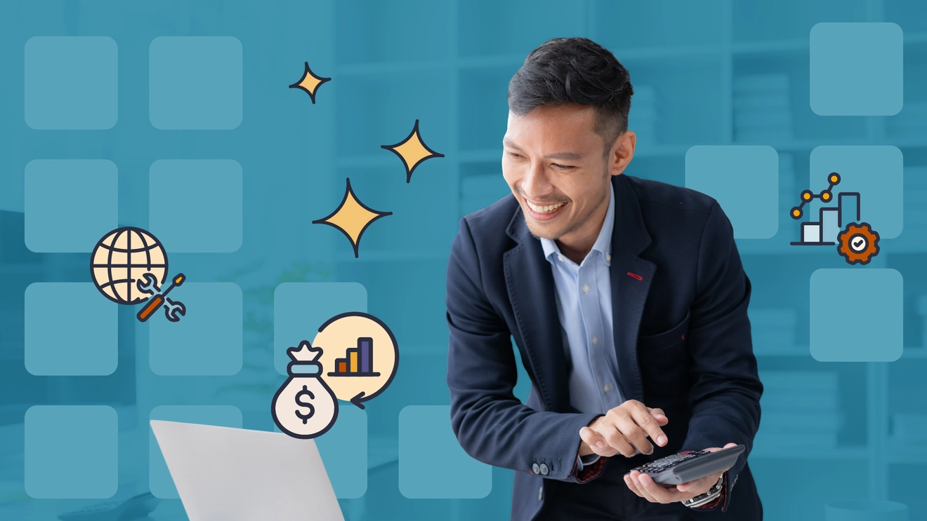 Man calculating if cybersecurity training is worth it on his calculator with floating graphics representing money and growth