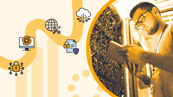 Tech professional working in a server room beside graphics representing cybersecurity, cloud computing, networking, and IT automation trends shaping 2026.