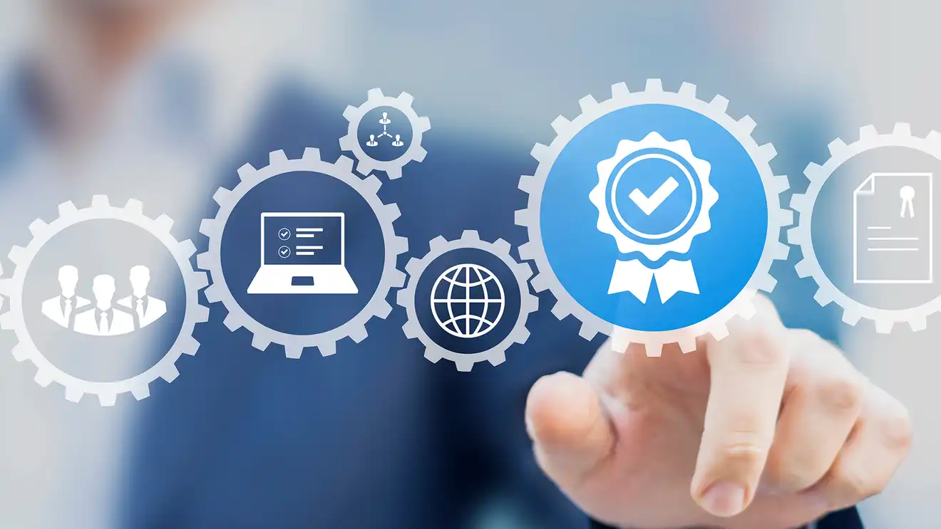 icons in foreground for certification badges with a blurred figure behind pointing to one.
