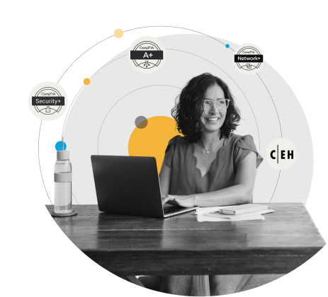 smiling woman using laptop, certification badges floating around her head