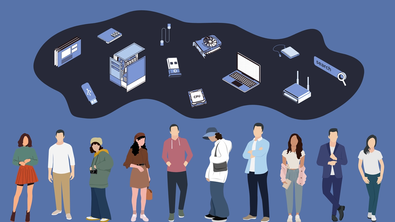 animated figures of gen z with cloud of tech images over them