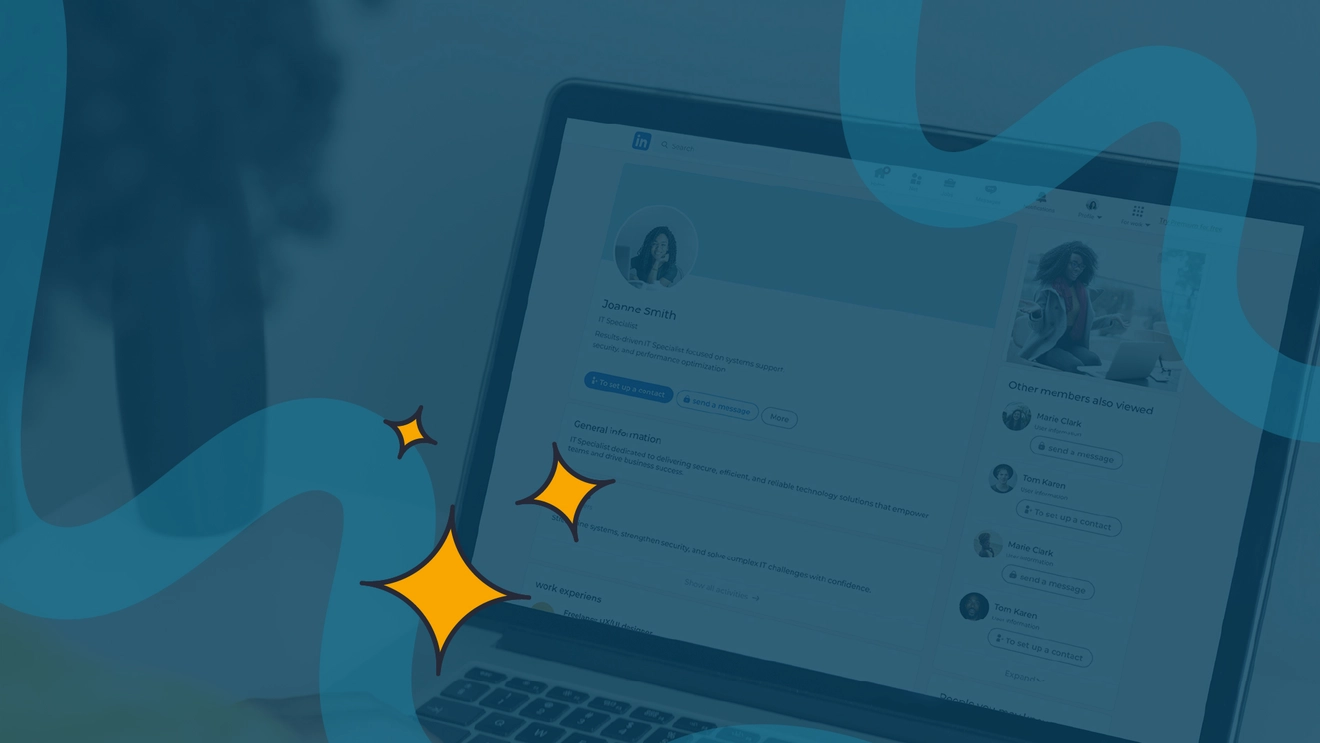 floating graphics over a computer with a linkedin profile on it