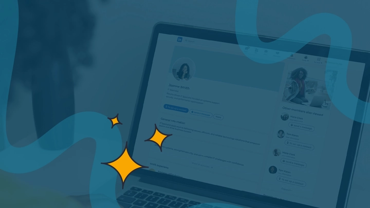 floating graphics over a computer with a linkedin profile on it